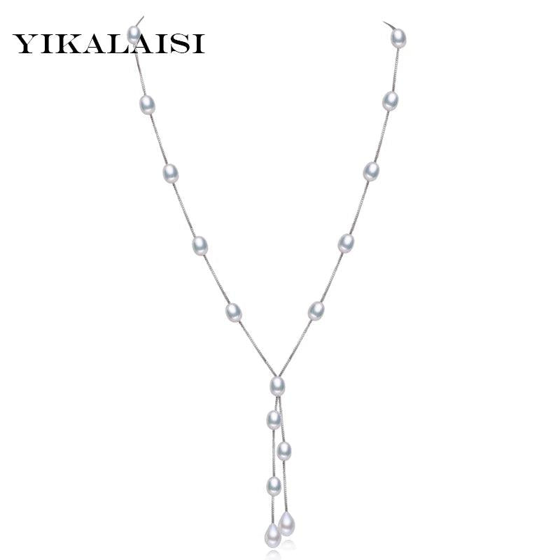 925 Silver Chain Freshwater Pearl Double Strip Necklace 7-8mm Pearl