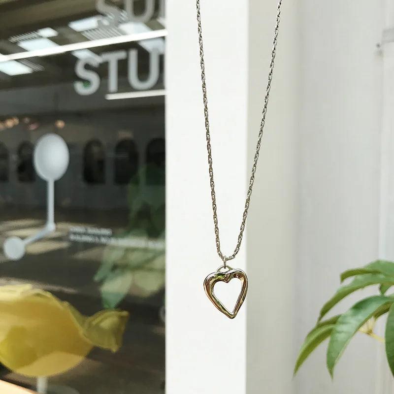 925 Silver Openwork Heart Necklace Irregular Chain Minimalist Jewelry