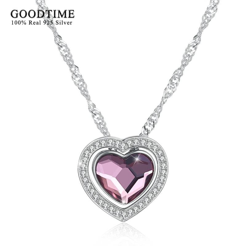 925 Silver Crystal Necklaces Double Heart Pendant Austrian Rhinestone Jewelry
