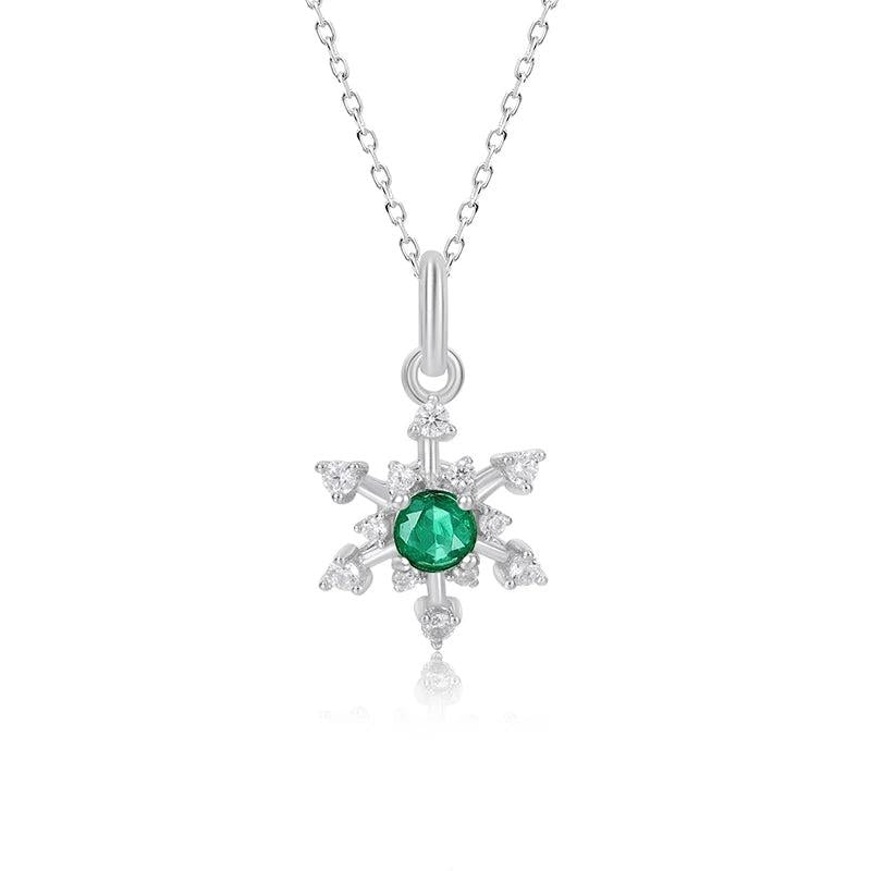 925 Silver Snowflake Pendant with Emerald Necklace