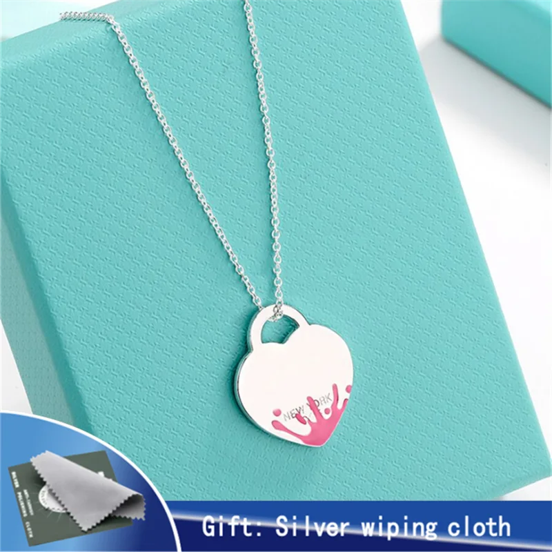 925 Silver Necklace Enamel Heart Pendant Anniversary Collarbone Chain