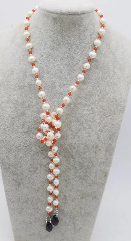 Freshwater Pearl Red/Black Quartz Necklace 40-Inch
