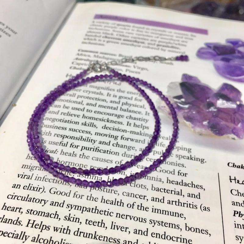Amethyst 2mm Beads Choker Necklace 925 Silver 15''+2'' Chain