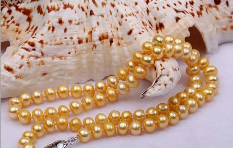 7-8mmAA Golden Oblate Pearl Necklace Beads Freshwater Dyeing
