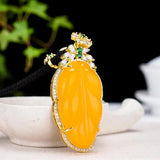 Natural Yellow Jade Leaf Pendant Necklace Zircon Emerald Chalcedony Women Charms