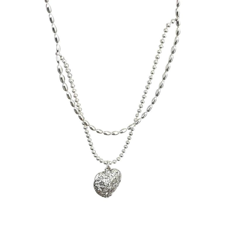 S925 Silver Texture Love Necklace Light High-end Double-layer Rice Bead