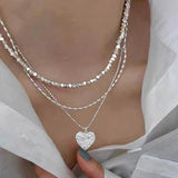 S925 Silver Texture Love Necklace Light High-end Double-layer Rice Bead