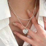 S925 Silver Texture Love Necklace Light High-end Double-layer Rice Bead