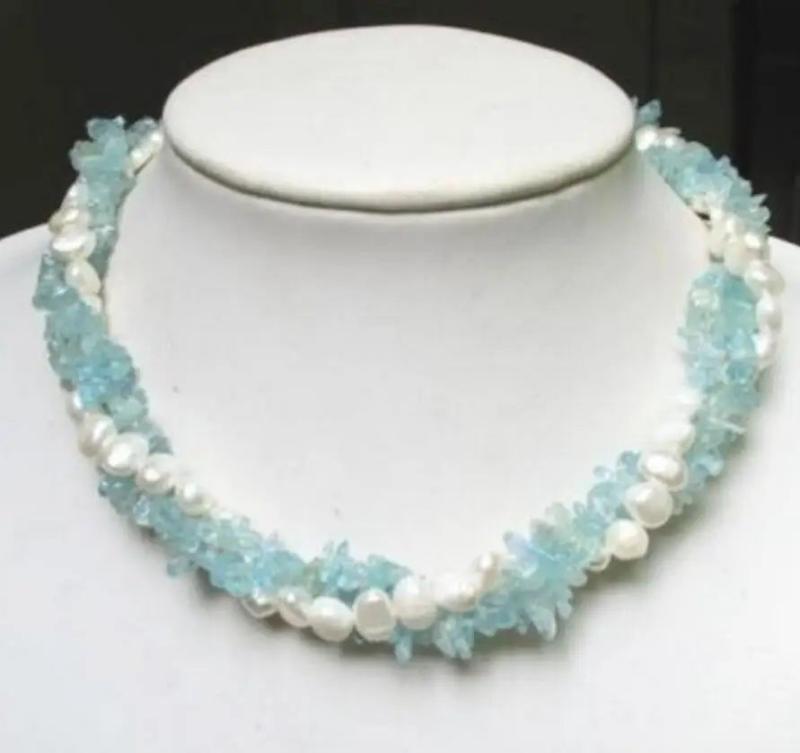 Aquamarine Chip Pearl Necklace 3 Strands Twisted