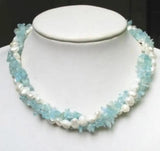 Aquamarine Chip Pearl Necklace 3 Strands Twisted