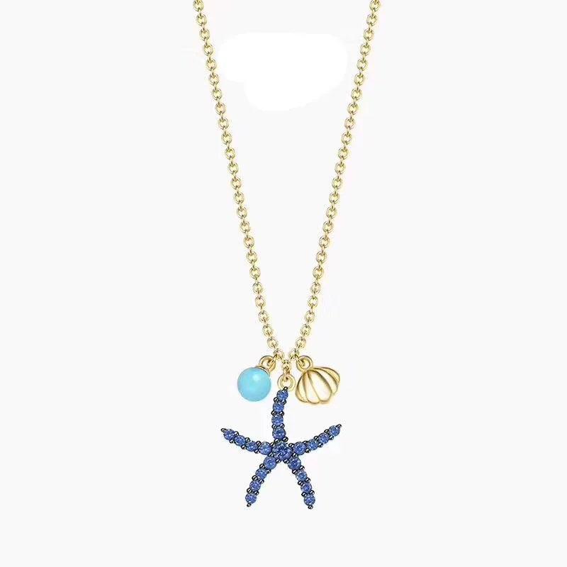 925 Silver Starfish Pendant Necklace with Shell Zircon Stones
