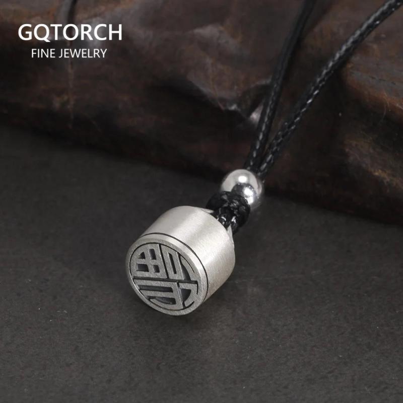 Solid 990 Sterling Silver Blessing Seal Pendant Necklace Retro Matte Jewelry
