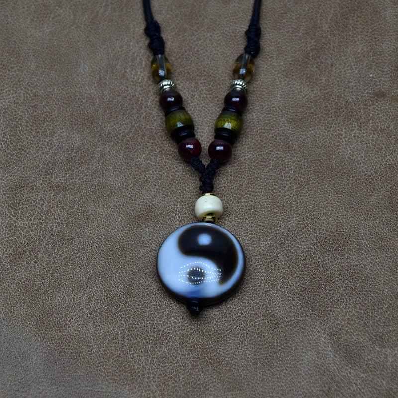 Agate DZI Pendant Necklace Tea Crystal Garnet Woven Amulet Tai Chi Pattern