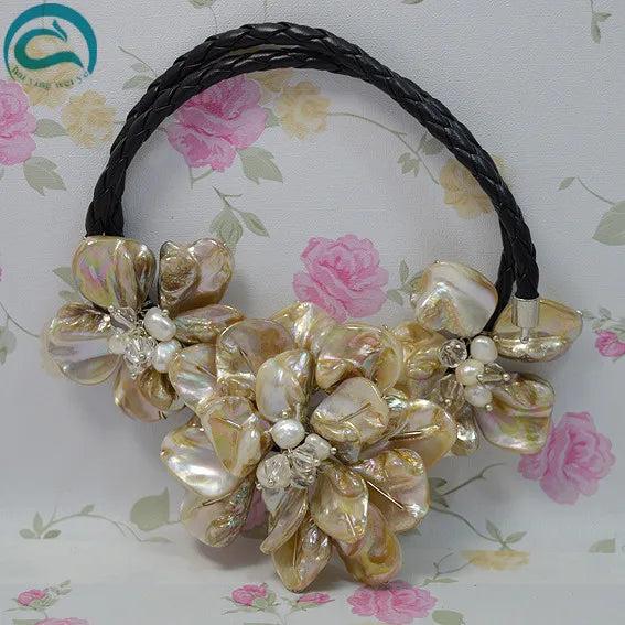 Freshwater Pearl Shell Flower Leather Necklace Gift For Women