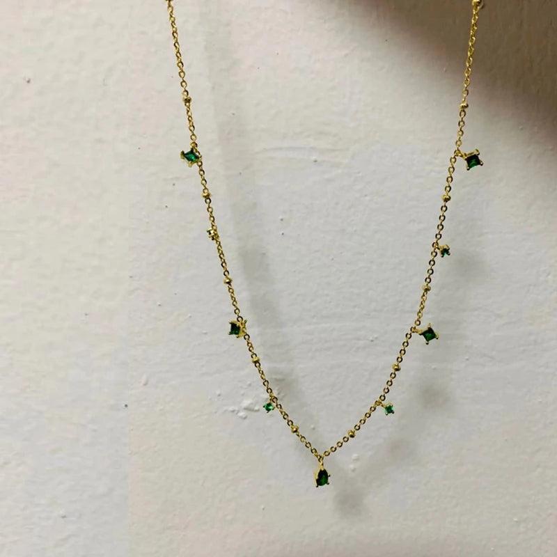 Square Green Zircon Water Drop 925 Silver Choker Necklace