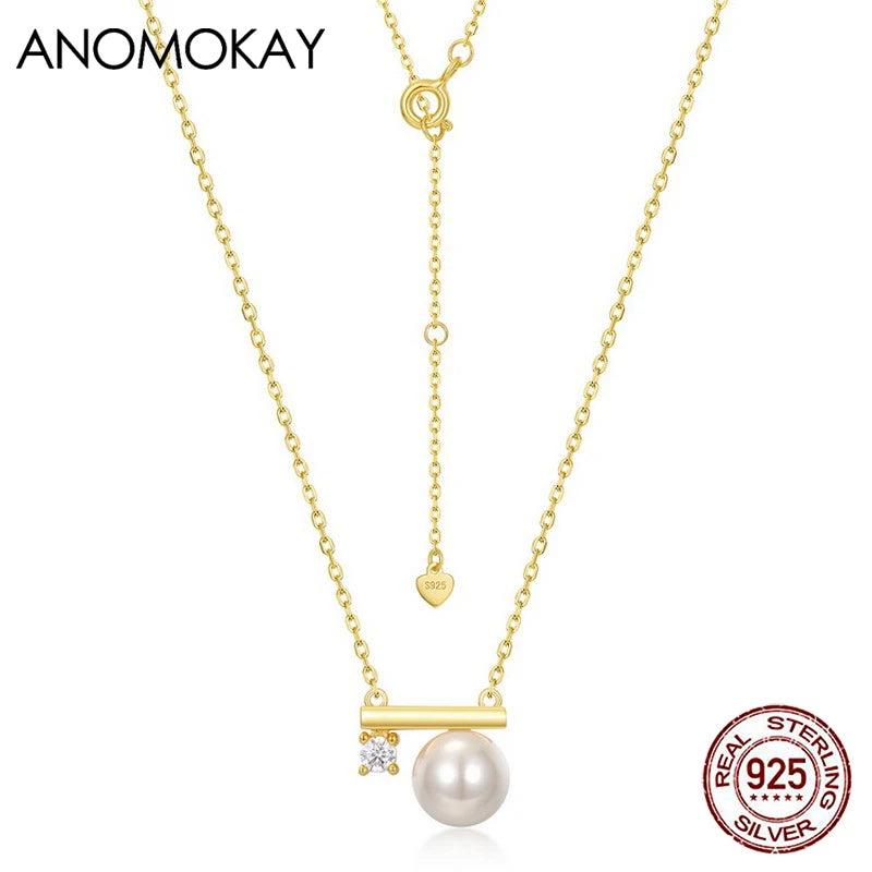 Anomokay Pearl Zircon Balance Beam Necklace S925 Silver Pendant