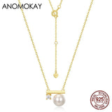 Anomokay Pearl Zircon Balance Beam Necklace S925 Silver Pendant