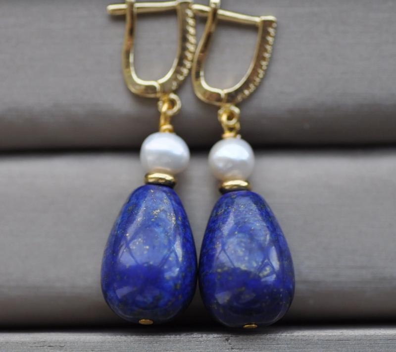 18mm Drop Lapis Lazuli Pearl Dangle Earrings with CZ