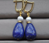 18mm Drop Lapis Lazuli Pearl Dangle Earrings with CZ