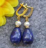 18mm Drop Lapis Lazuli Pearl Dangle Earrings with CZ