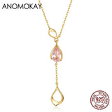 Pink Crystal Long Link Necklace for Women 925 Silver