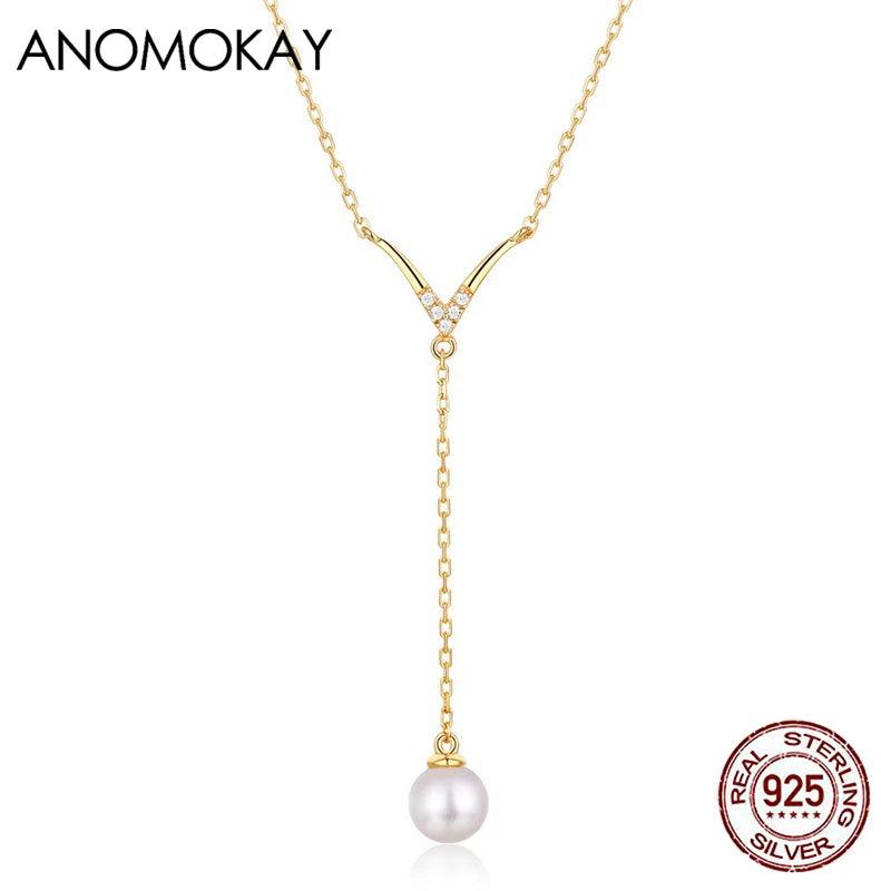 V Shape Pearl Necklace Sterling 925 Silver Long Chain Jewelry Gift