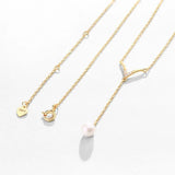 V Shape Pearl Necklace Sterling 925 Silver Long Chain Jewelry Gift