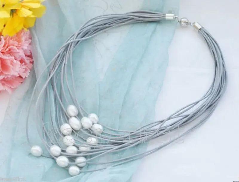 15 Rows Gray Leather & 11-12mm Pearl Necklace