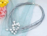 15 Rows Gray Leather & 11-12mm Pearl Necklace
