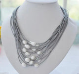 15 Rows Gray Leather & 11-12mm Pearl Necklace