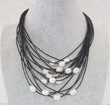 15 Rows Gray Leather & 11-12mm Pearl Necklace
