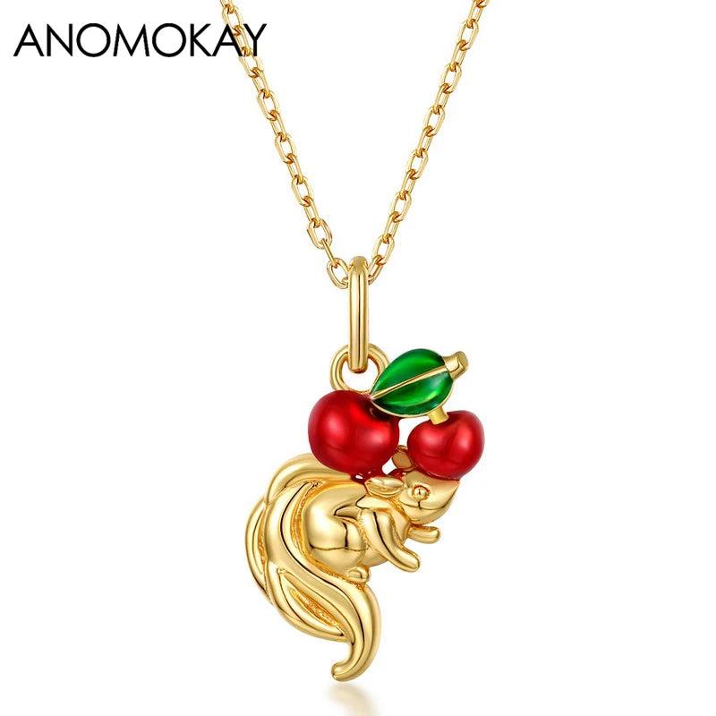 Designer Squirrel Love Fruit Necklace, 925 Sterling Silver