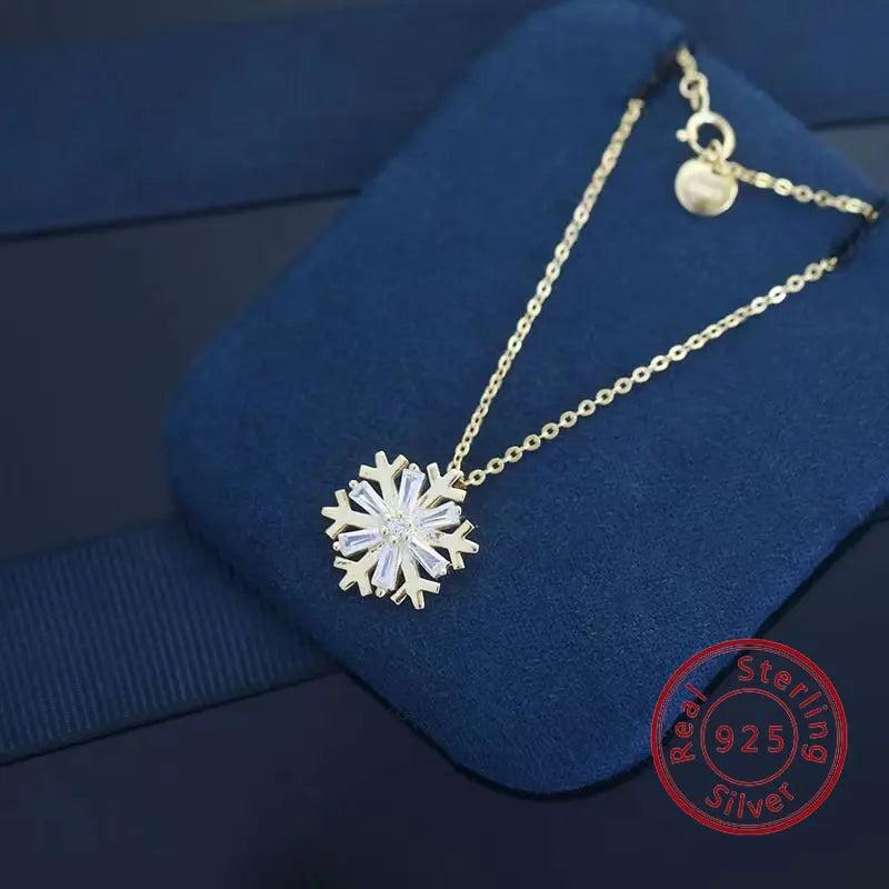 CZ Zircon Diamond Snowflake Pendant Necklace 925 Sterling Silver