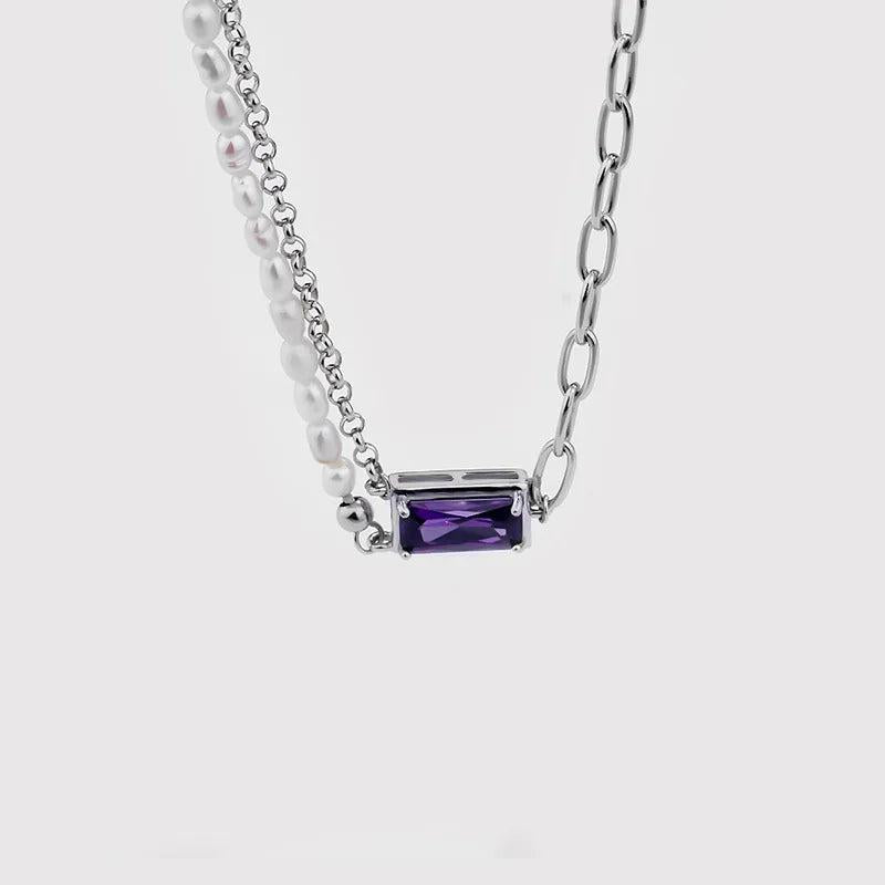 Sterling Silver Purple Zircon Pendant Necklace with Natural Pearl Beads Chain