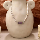 Sterling Silver Purple Zircon Pendant Necklace with Natural Pearl Beads Chain