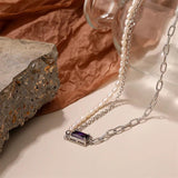 Sterling Silver Purple Zircon Pendant Necklace with Natural Pearl Beads Chain