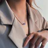 Sterling Silver Purple Zircon Pendant Necklace with Natural Pearl Beads Chain
