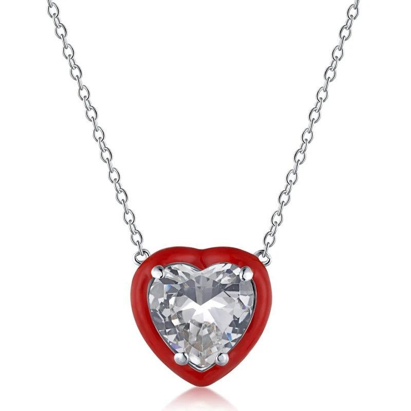 Silver CZ Heart Necklace Enamel Candy Chain Women Wedding Jewelry