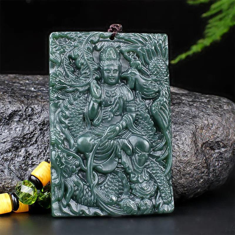 Hotan Jade Nephrite Carved Guanyin Pendant Dragon & Phoenix Necklace