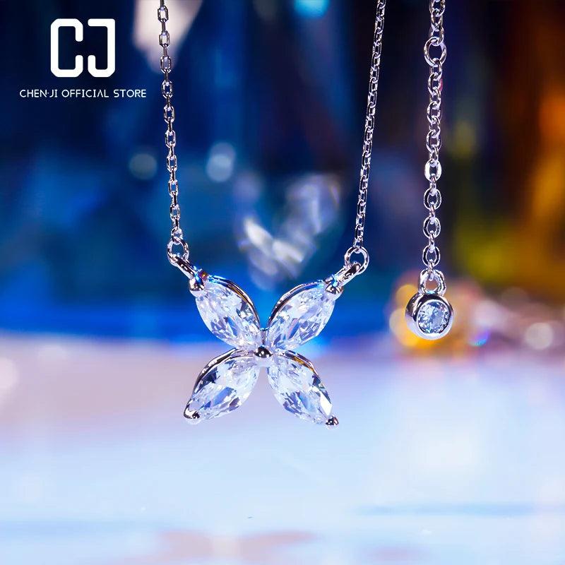 CHENJI S925 Silver 4-Leaf Clover Diamond Rose Necklace Gift