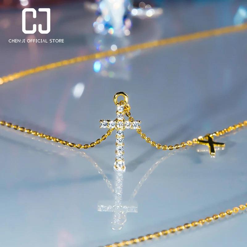 CHENJI S925 Silver Cross Pendant Short Necklace Female Collar Chain