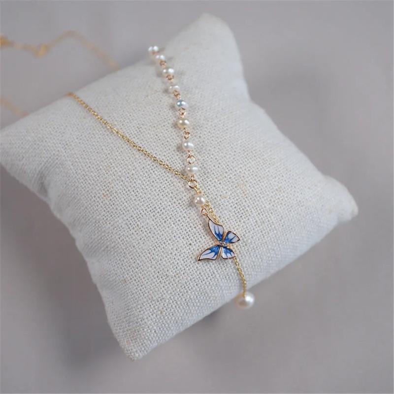 Natural Pearls Women Necklace Butterfly Pendant 925 Sterling Silver