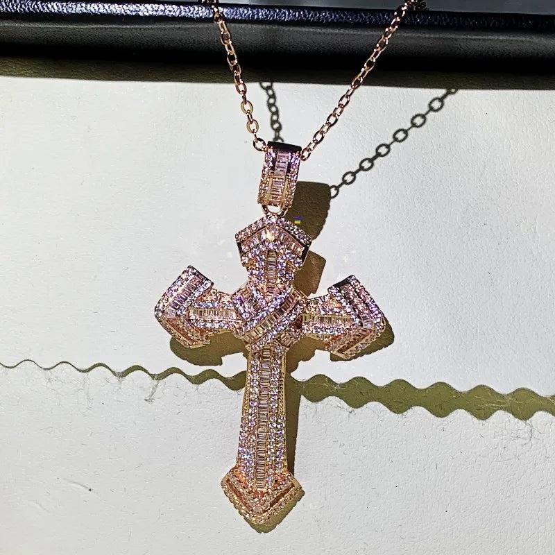 925 Silver&Rose Fill Cross Pendant Zircon CZ Necklace