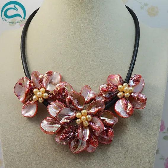Women Flower Necklace with Pink Pearl and Red Shell