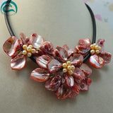 Women Flower Necklace with Pink Pearl and Red Shell