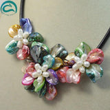 Multicolor Shell Flower Leather Necklace with Pearls