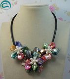 Multicolor Shell Flower Leather Necklace with Pearls