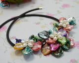 Multicolor Shell Flower Leather Necklace with Pearls