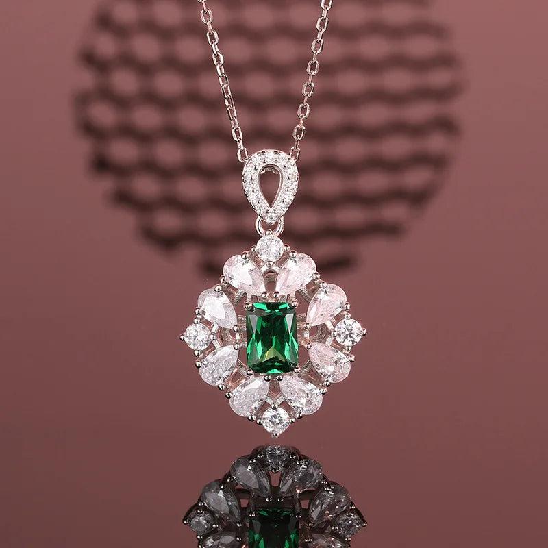 S925 Silver Carbon Diamond Green Gemstone Pendant Necklace