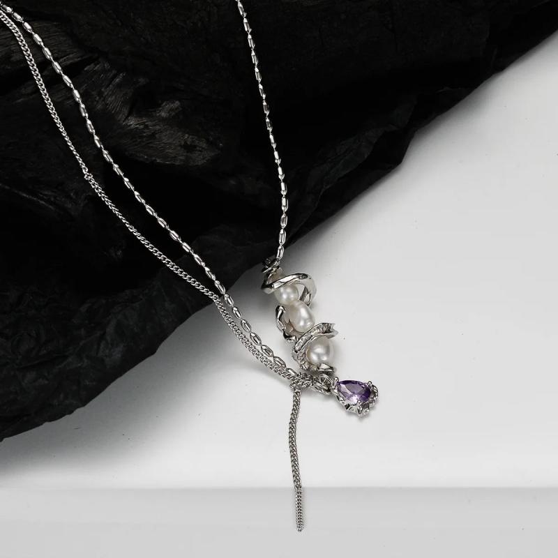 MLKENLY Rice Bead Necklace S925 Sterling Silver Small Pearl Zircon Necklace